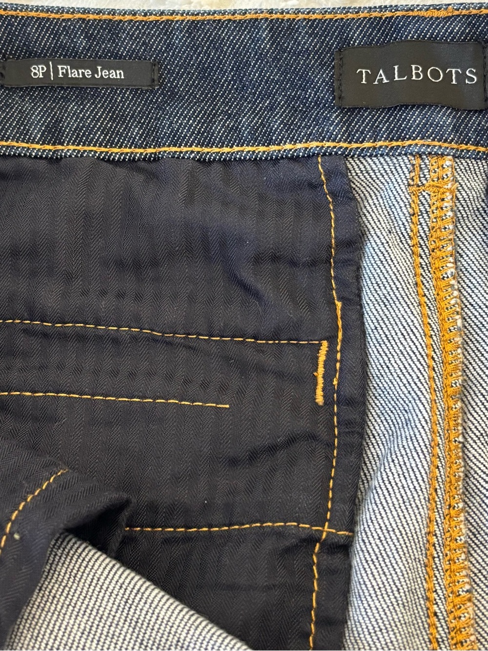 Talbots Flare Jeans Dark Indigo Denim Slit Pockets Gold Button 8P - Picture 2 of 11